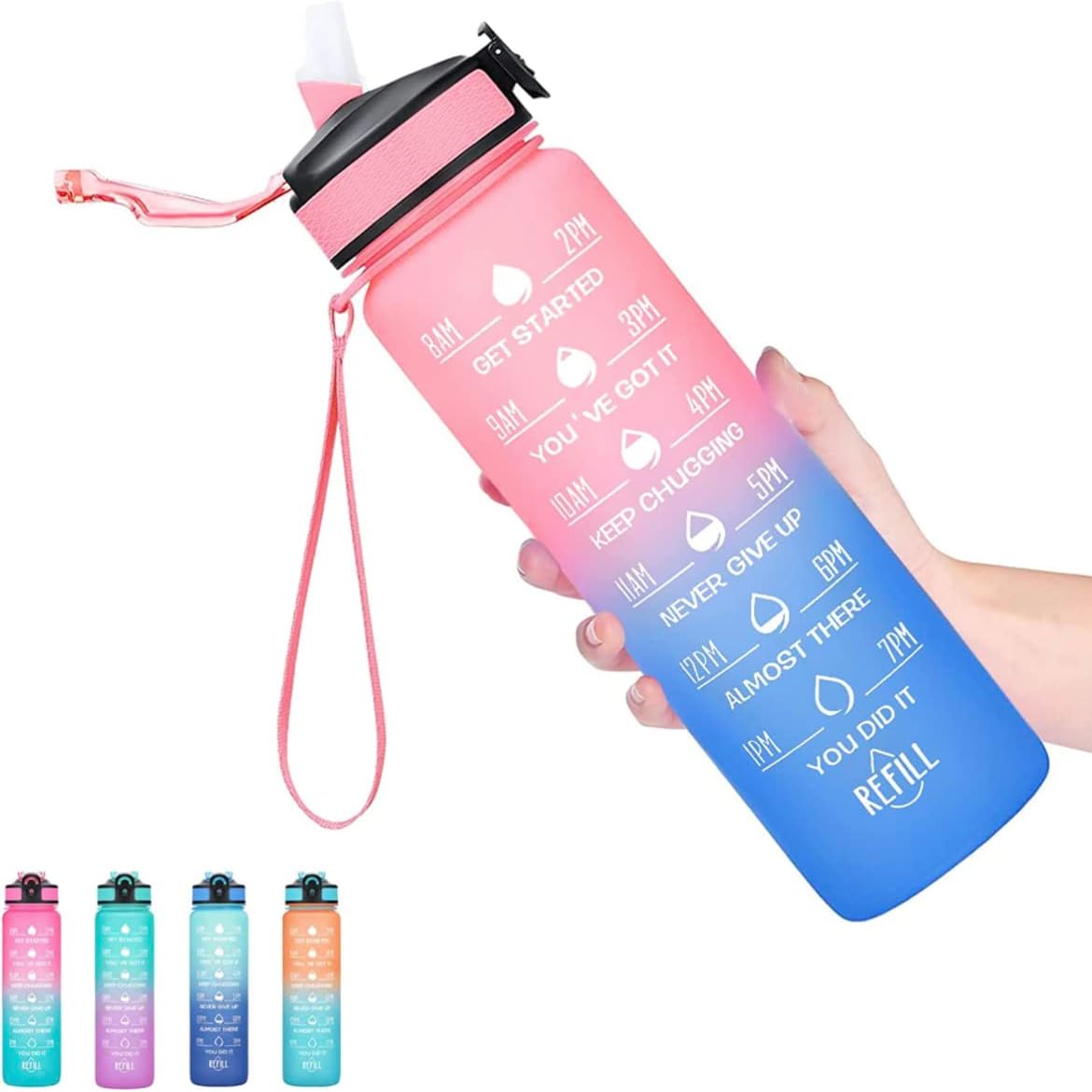 32oz Motivational Fitness Sports Water Bottle with Time Marker, Removable Strainer, Leakproof Tritran, Ensure You Drink Enough Water Daily for Fitness, Gym and Outdoor Sports (Pink/Blue)