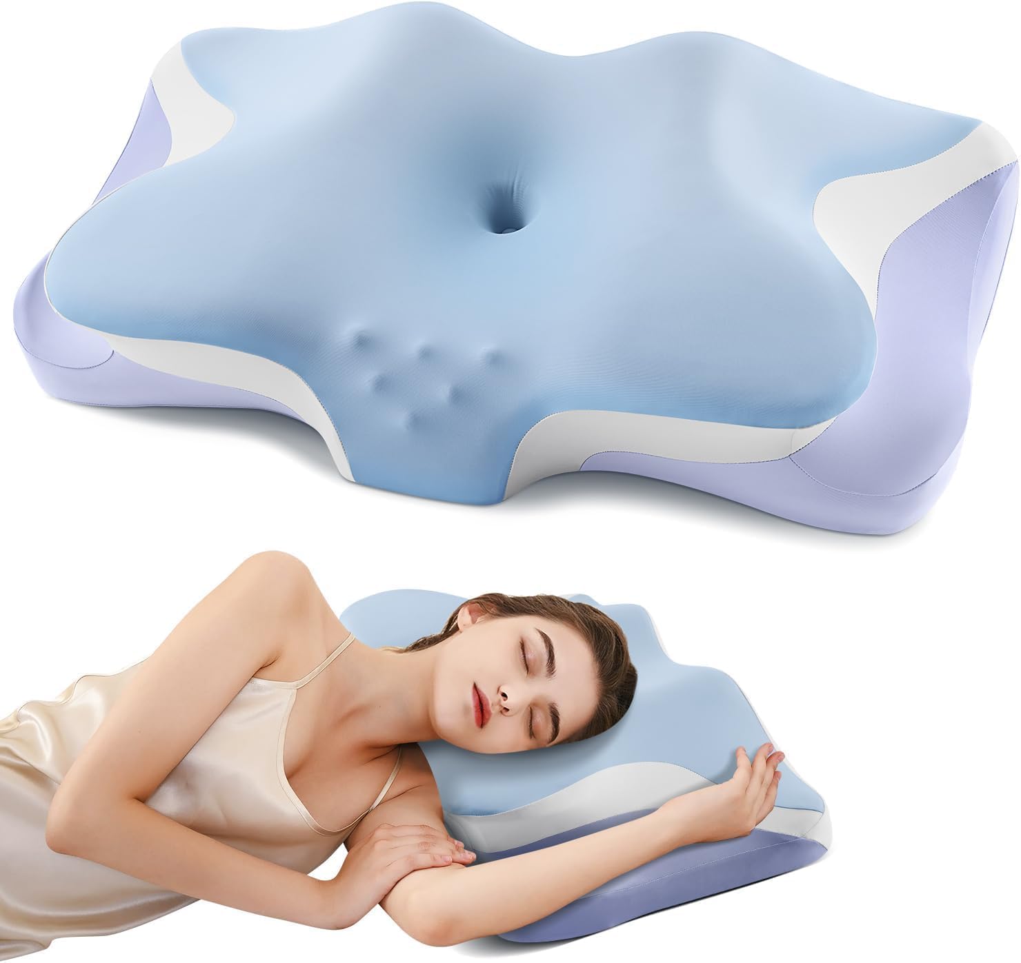 Cervical Pillow for Neck Pain Relief, Cooling Ergonomic Memory Foam Pillows for Sleeping with Luxury Anti-Pilling Pillowcase, Contour Neck Support Pillow for Side Back Stomach Sleepers-Light Blue