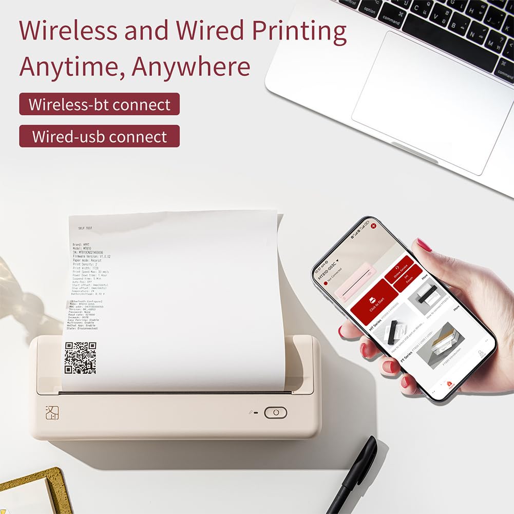 Stampante termica A4, mini stampante Bluetooth portatile per viaggi e casa, stampa wireless senza inchiostro, design compatto per ufficio e scuola