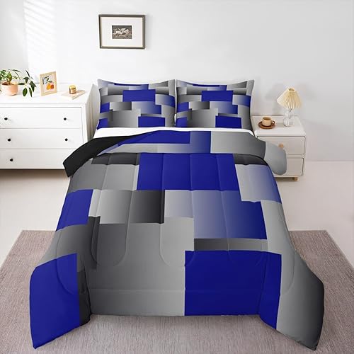 Erosebridal Navy Blue Comforter Set Geometric Square King Bedding Set for Kids B