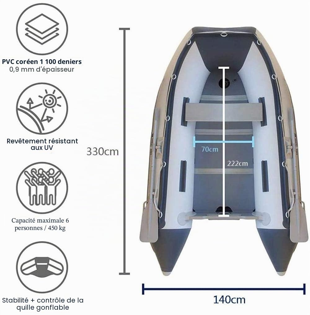 Ensemble de Bateau Gonflable pour 6 Personnes, 3.3 m, en PVC avec Rames, Corde de Traction, Coussin et Pompe à Air - Récréation en Plein Air