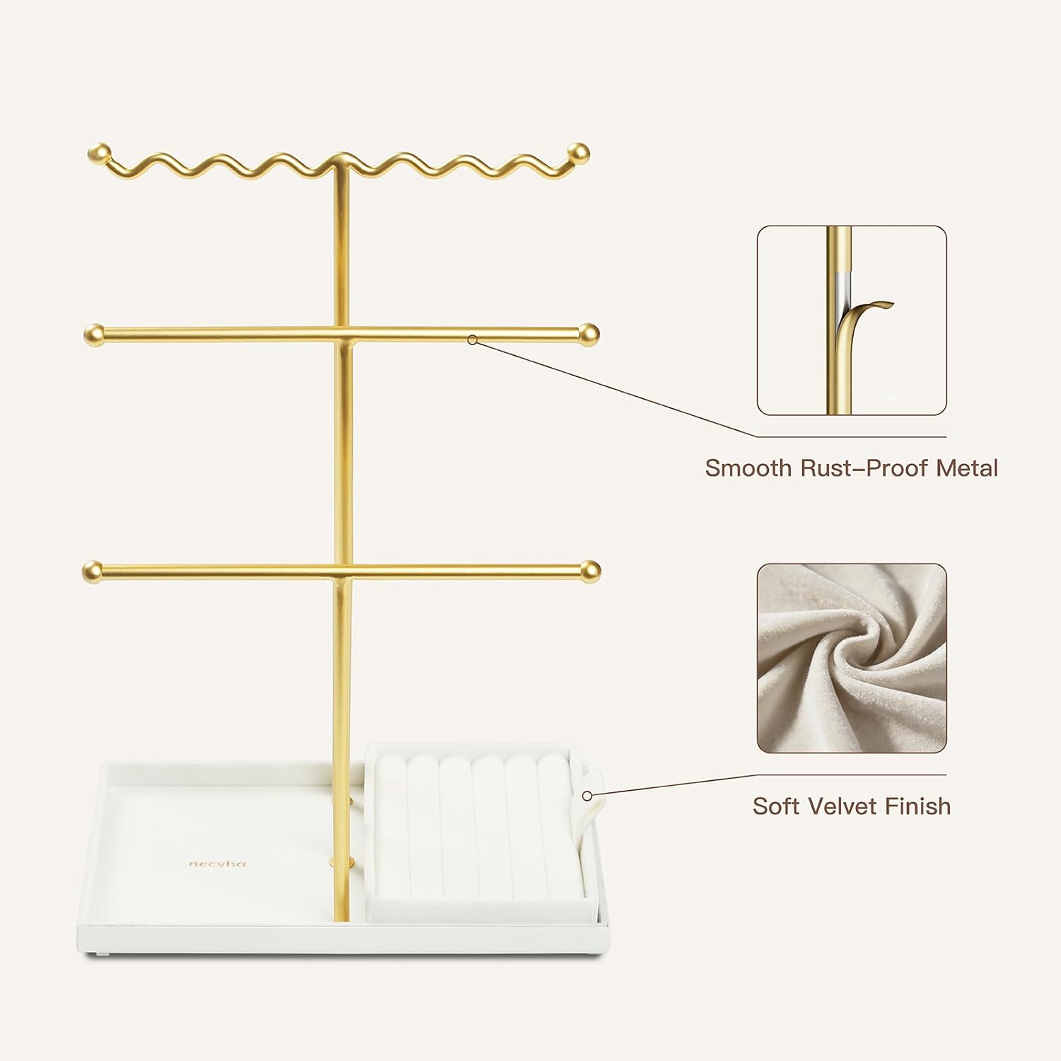 Jewelry Stand Holder Organizer, 3 Tier Bracelet Holder Display with Detachable Velvet Tray, Elegant Jewlery Tower for Display Bracelet, Necklace, Earrings, Rings (Beige)