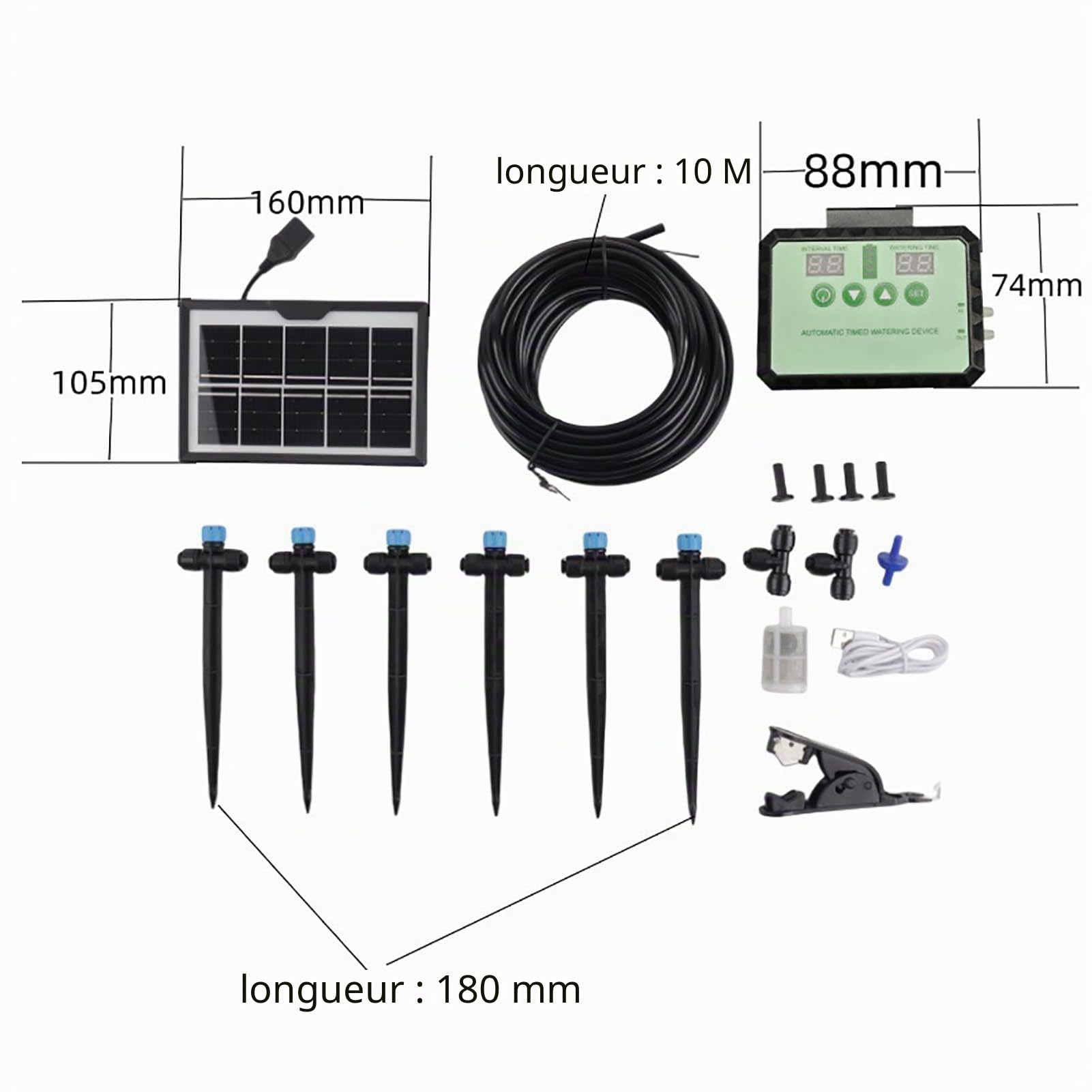 Fockety Système d'irrigation goutte à goutte, pompe à eau solaire, kit d'irrigation automatique avec minuterie, récupérateur d'eau de pluie et buse réglable, arrosage automatique (BLACK)