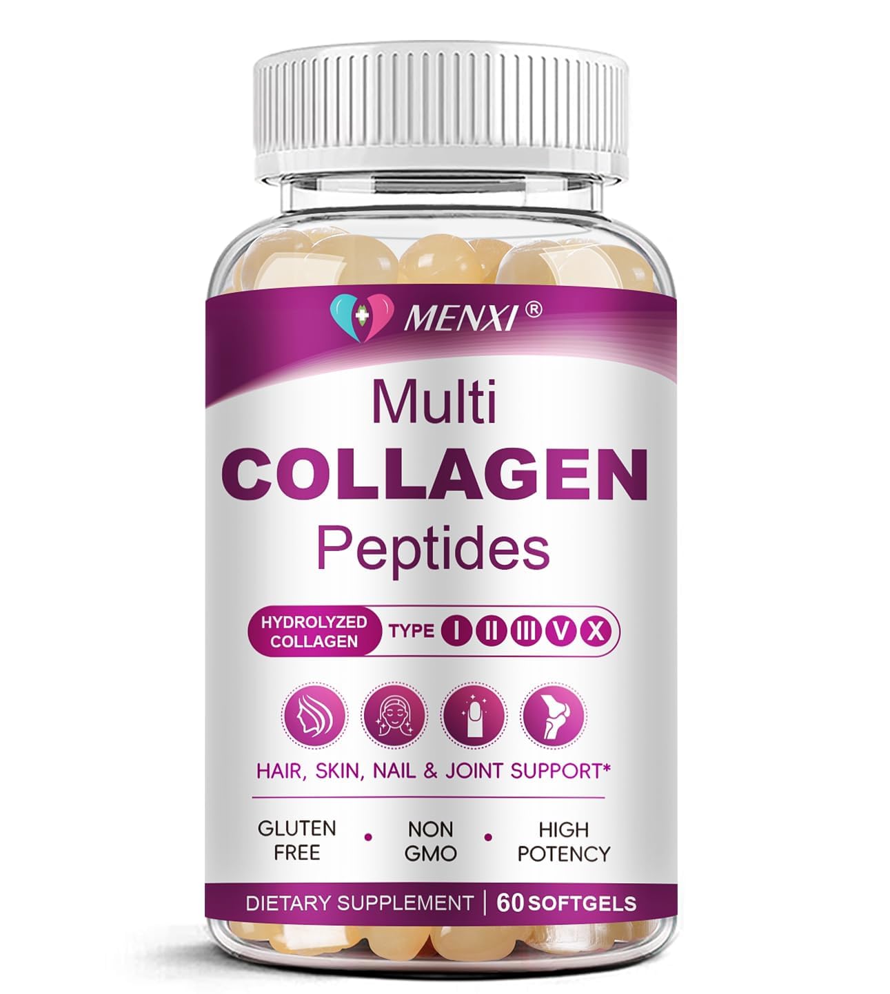 Multi Collagen Peptides Softgel for Women & Men - Type I II III V X, 60 CT 60 Count (Pack of 1)