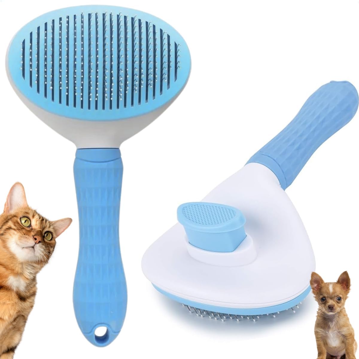 Escova Pelos Pet Automática Rasqueadeira Magica para Cães e Gatos com Cabo Texturizado de Alta Aderência (Azul)