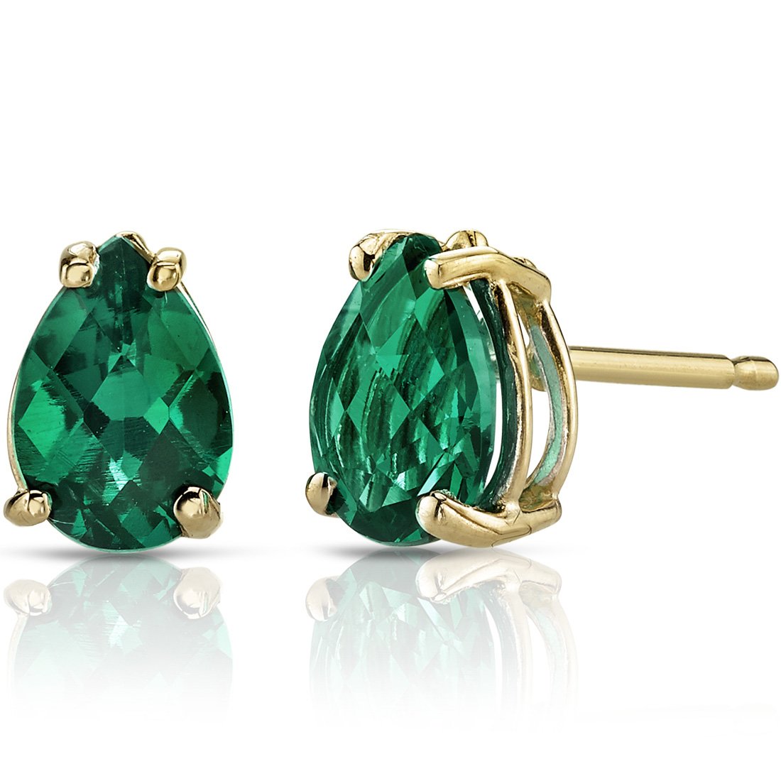 PEORA14K Yellow Gold Created Emerald Earrings for Women, Classic Solitaire Studs, 7x5mm Pear Shape, 1.250 Carats total, Friction Back, Dainty Green Earrings, Emerald Jewelry
