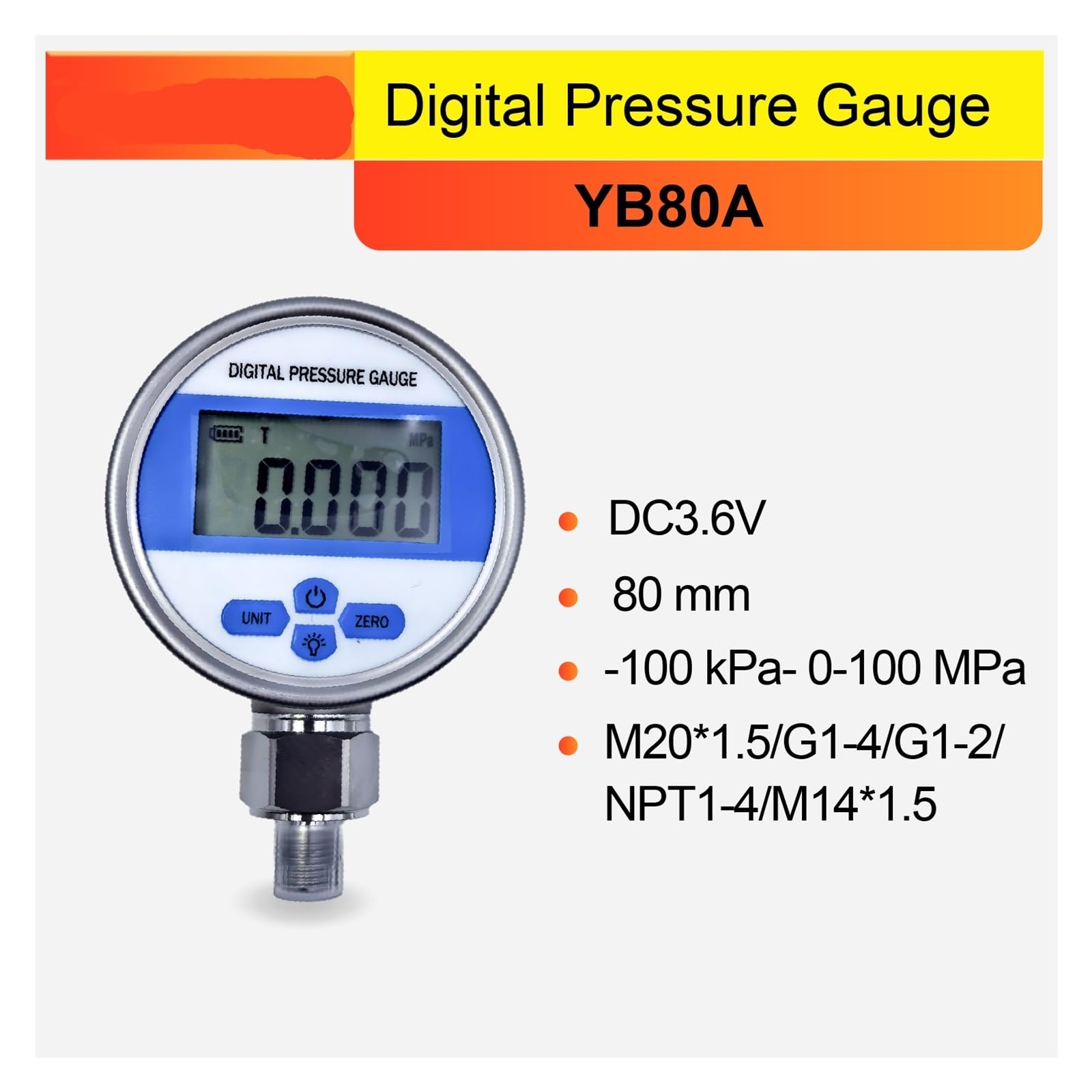 Manómetro Digital de presión YB80A, manómetro vacío precisión, Pantalla Alta, Sensor Acero Inoxidable Alimentado por batería(NPT1-4,0-1.6MPA)