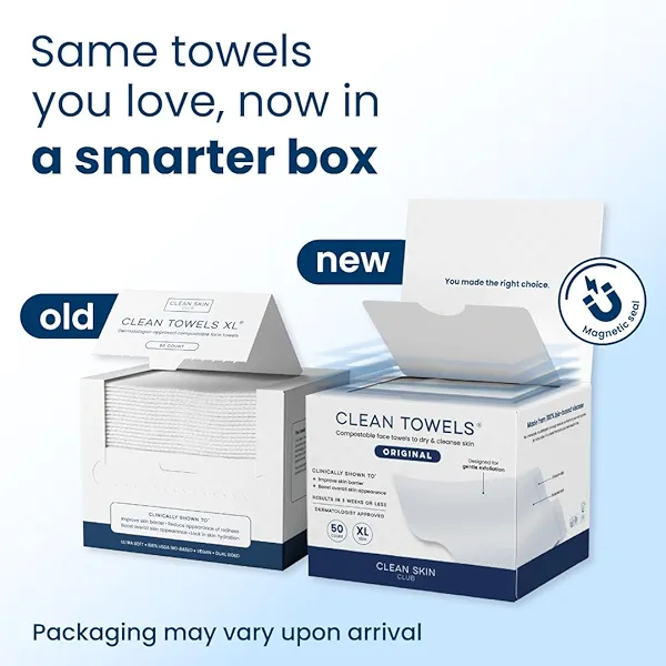 Clean Skin Club Clean Towels XL®, 100% USDA Biobased Face Towel, Disposable Face Towelette, Eczema Association Accepted, Makeup Remover Dry Wipes, Ultra Soft, 1 Pack, 50 Ct