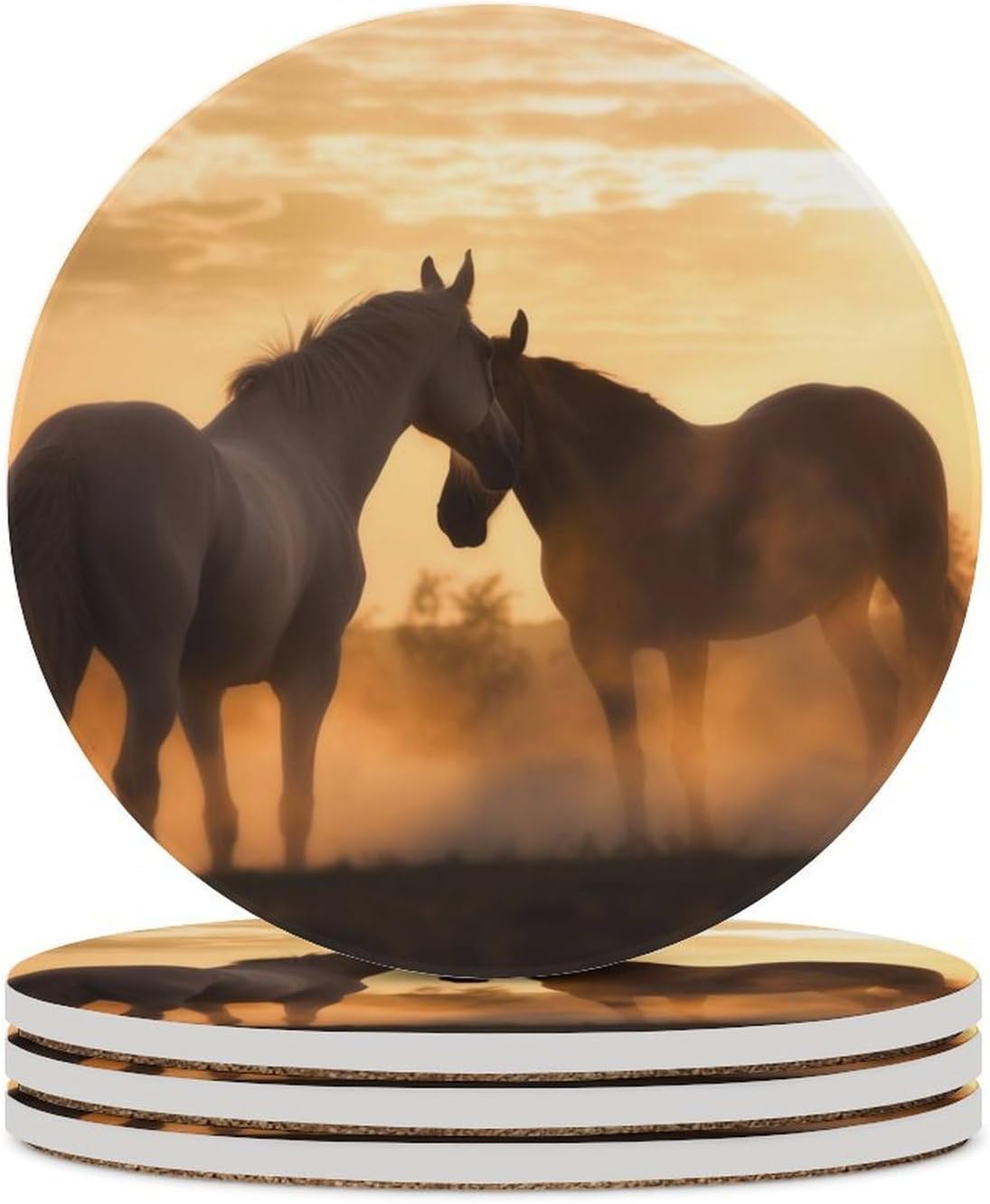 6PCS Horses in Love Coasters Non-Slip Round Drink Coasters with Ceramic Stone and Cork Base, Heat Resistant Absorbent 33.00Stone Coaster Set for Kinds of Mugs and Cups, 4 Inch