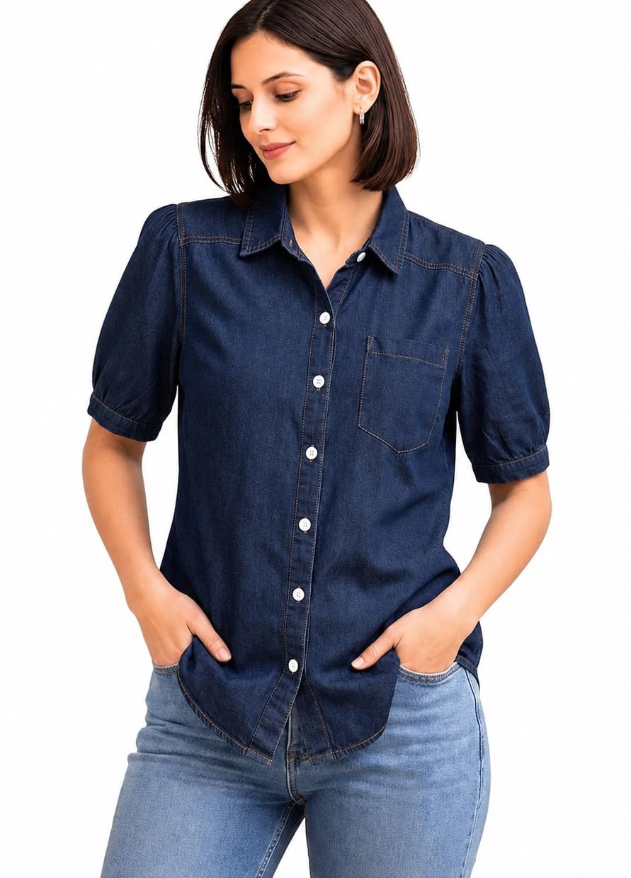 Denim Women Shirt Classic Indigo Button-Down Shirt with Minimal Bow Detail, Relaxed Fit for Everyday Casual Elegance and Timeless Style Demin Top-image-36