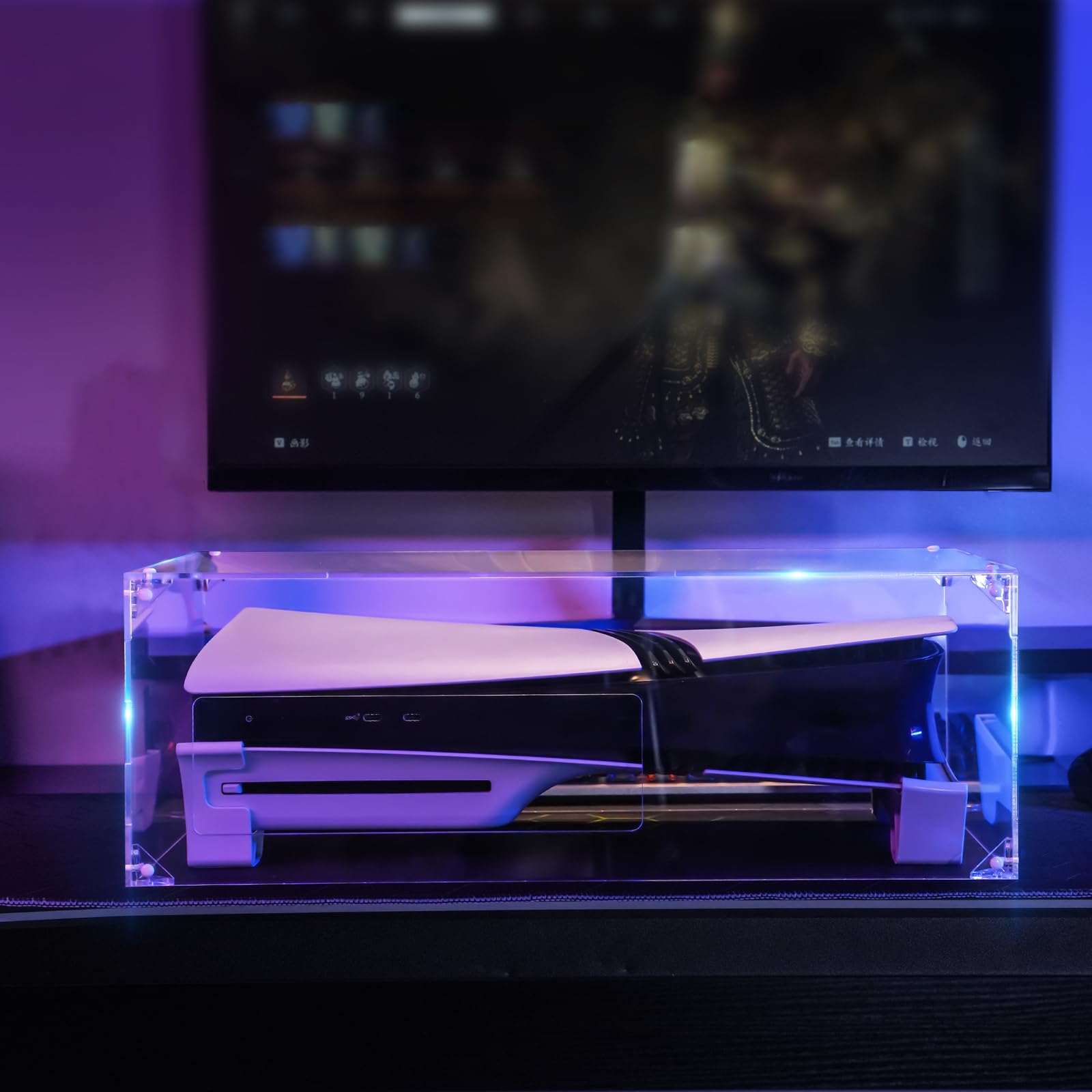 HTU Przezroczysta pozioma osłona przeciwpyłowa na konsolę do gier z akrylu, otwarty z boku, poziomy uchwyt wentylatora do 5 Pro/Slim Digital & Disc Edition