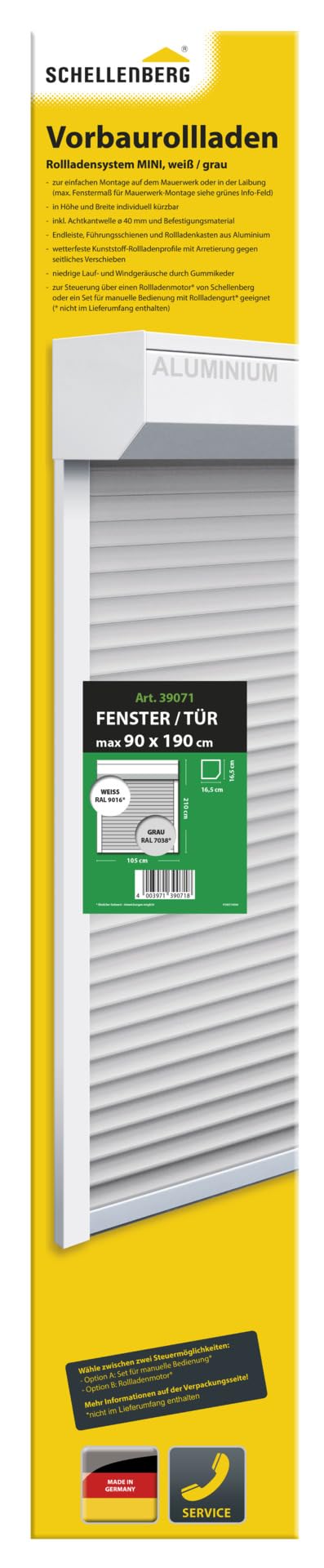 Schellenberg 39071 Ensemble de volets roulants avant pour fenêtre, système de volets roulants Mini, 105 x 210 cm, blanc/gris, volet roulant extérieur 45° en boîte en aluminium, y compris les rails de