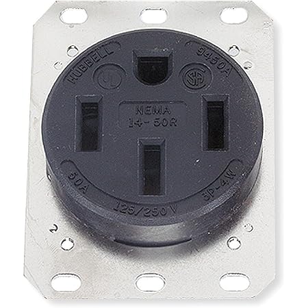 KELLEMS HBL9450A Single, 3 Pole 4 Wire, 50A 125/250V, 14-50R, Black, Receptacle, Straight Blade, Flush