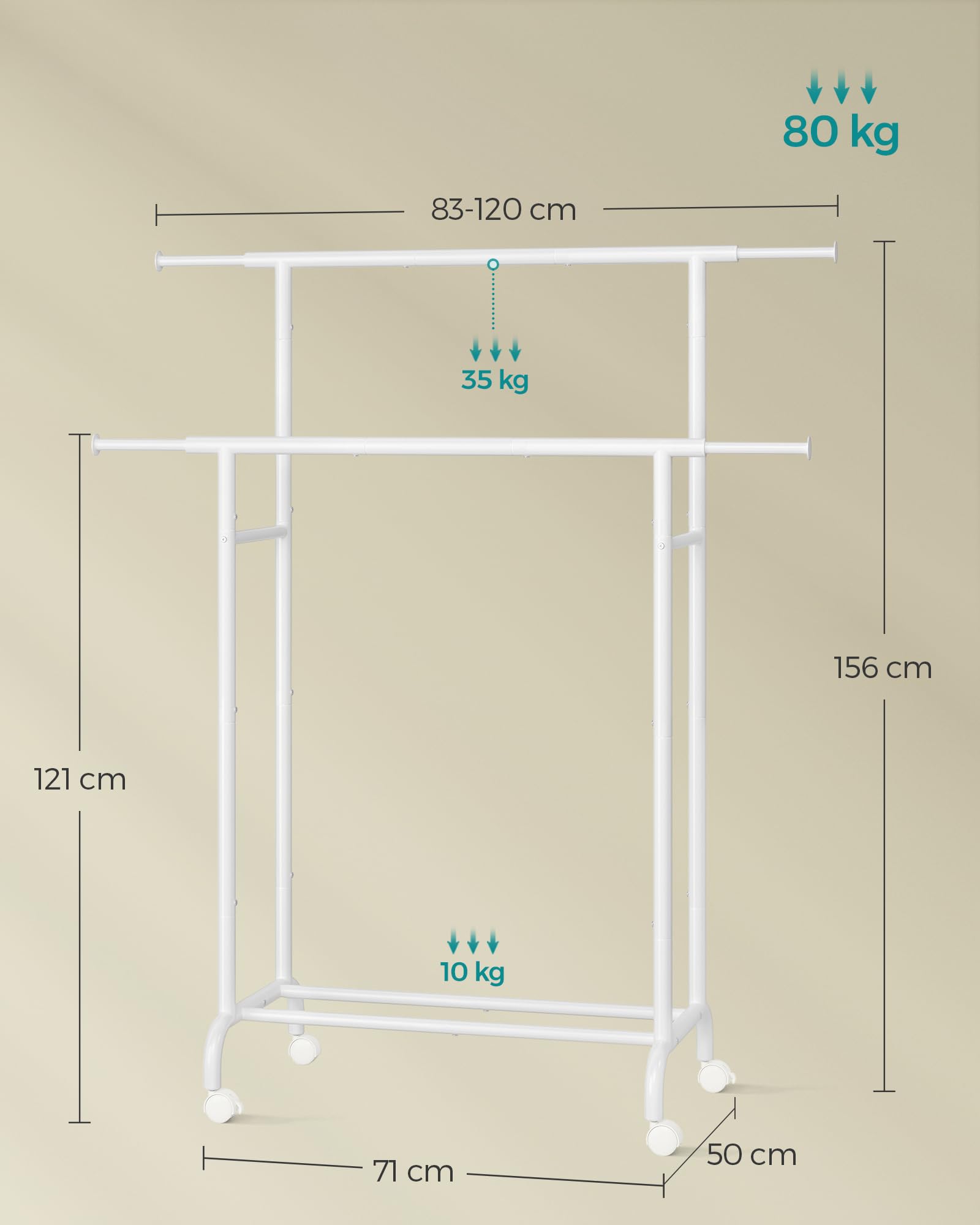 SONGMICS Stand Appendiabiti Doppio con Ruote, Attaccapanni Estensibile in Metallo, Portata Totale 80 kg, Larghezza 83-120 cm, Bianco Nuvola HSR133W01