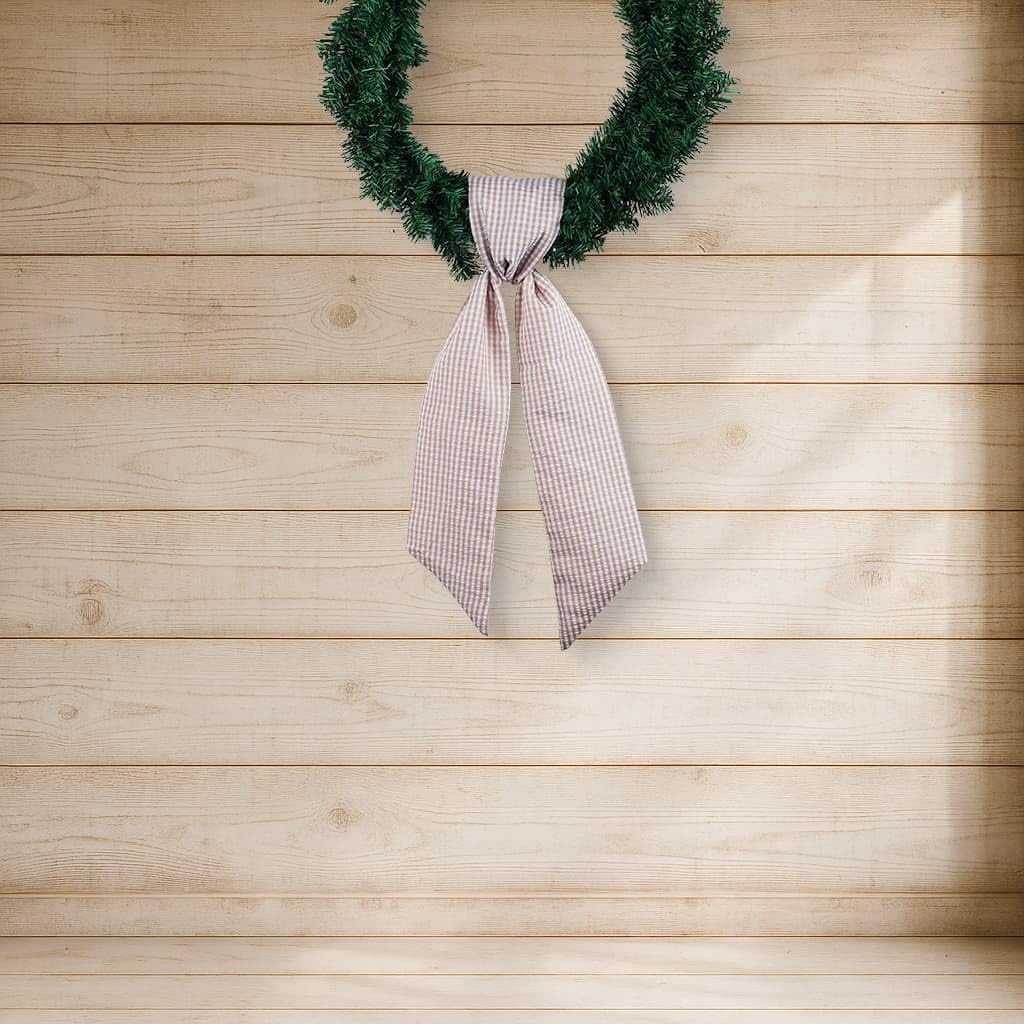 Brown Gingham Wreath Bow Set 2 Pack for Door Decoration, 5.12" Wide x 54.33" Each Thanksgiving Gift Bundle Neutral Farmhouse Ribbon Sash Pair