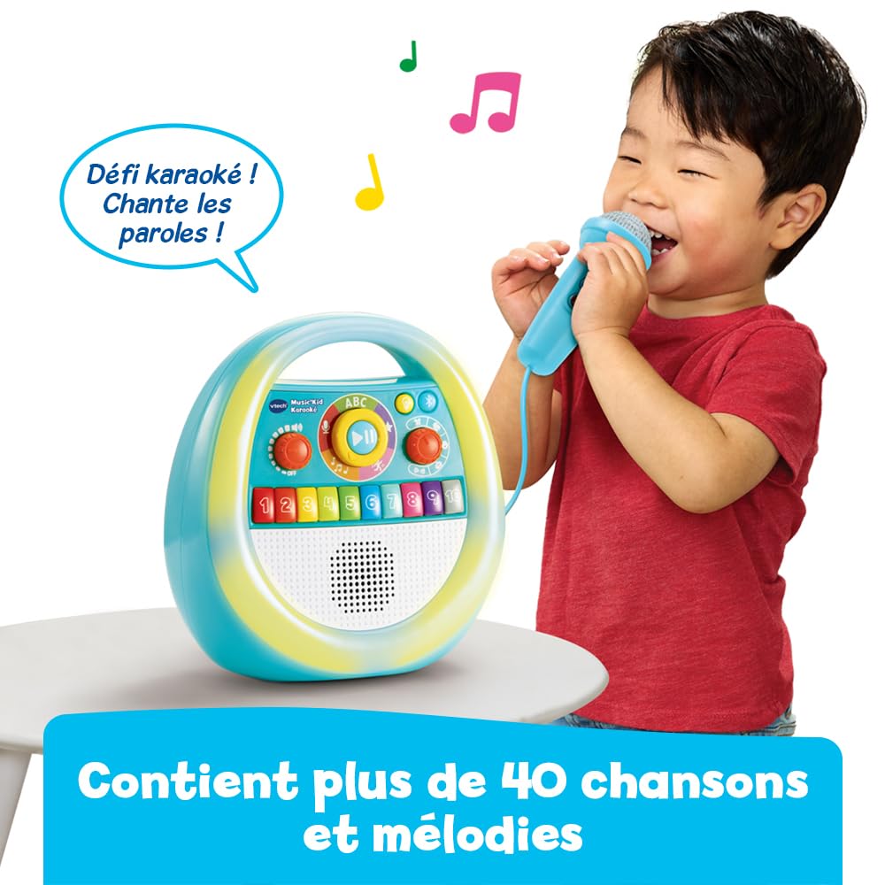 VTech Music'Kid Karaoké Baladeur Musical Enfant Dès 2 Ans | Enceinte Bluetooth Lumineuse avec Micro Karaoké, Enregistreur Vocal, Comptines, Chansons Éducatives et Relaxantes en Français