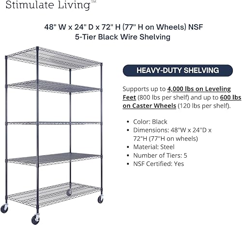 Miniatura 4 de Estantería de alambre de acero de 5 niveles color negro resistente de 48 x 24 x 72 pulgadas, estante de almacenamiento de capacidad máxima NSF de