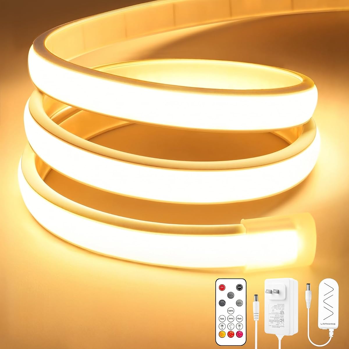 COB LED Strip Lights, Warm White Dimmable Rope with Remote, 9.84ft | Self-Adhesive, Waterproof, Cuttable, 24V, Flexible, Silicone, 3000K, Neon Tape for Bedroom, Kitchen, Cabinet, TV 10 mm Width