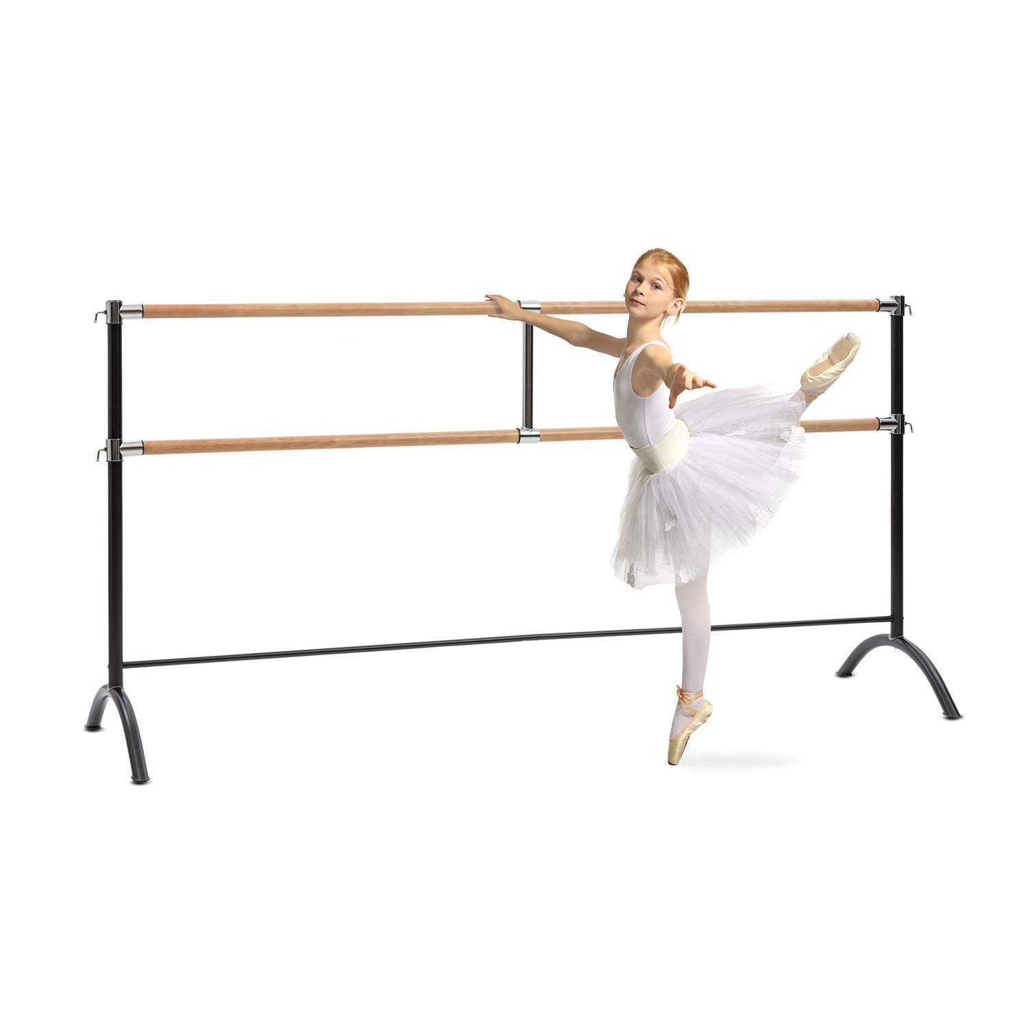 Klarfit Barre Doble de Ballet para Casa, Recubrimiento de Goma Antideslizante, Altura Flexible, Acero con Aspecto de Madera