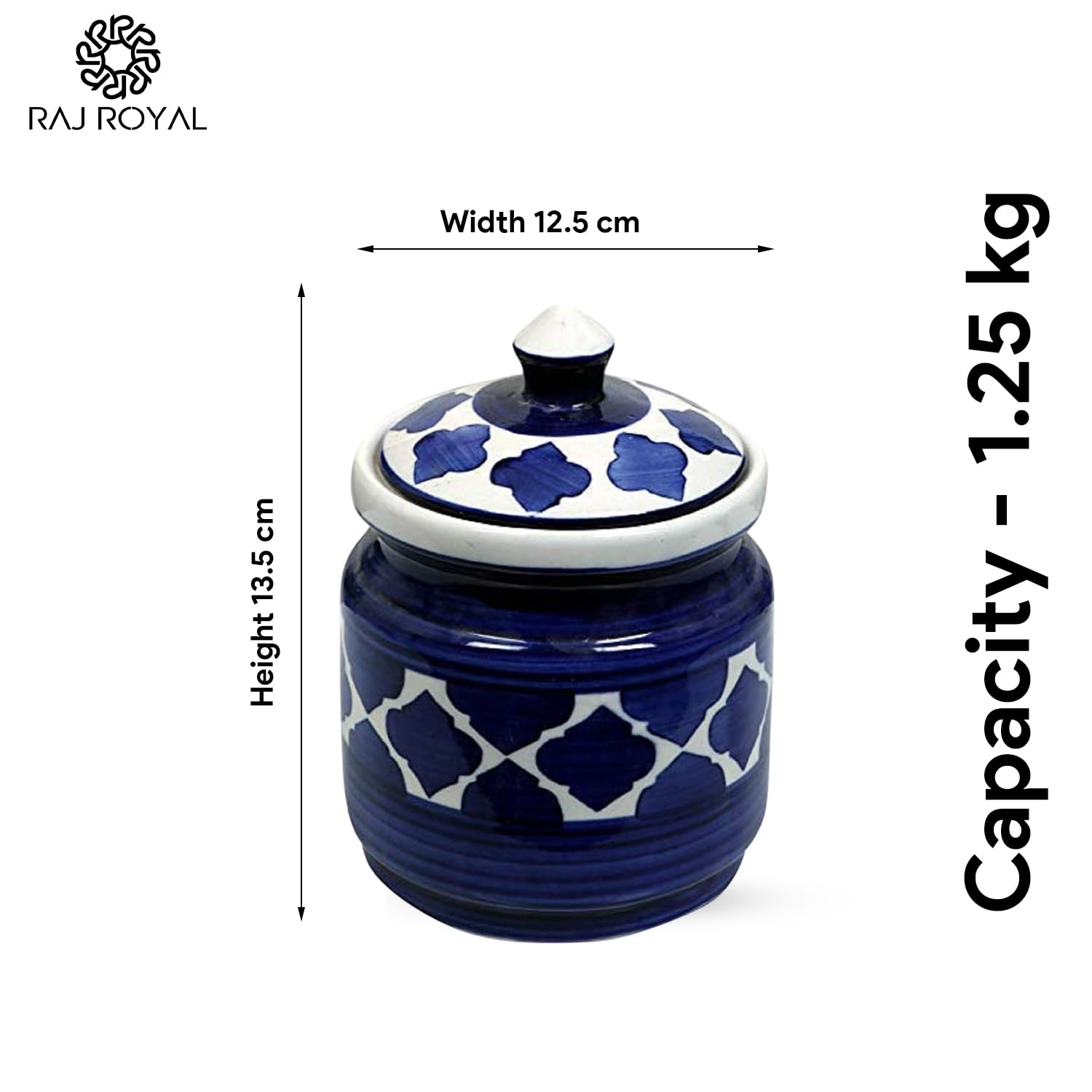 RAJ ROYAL Ceramic Hand Painted Pickle Cornichon Jar with Lid - 1.25 kg Achar Burni | Pickels Containers | Traditional Airtight Clay Canister Storage for Pickles, Chutney and Kitchen Essentials (Blue) - Image 3 thumbnail