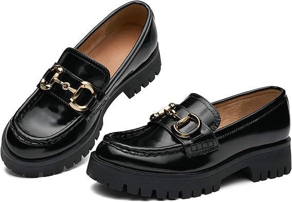 Womens Chunky Heel Penny Loafers Shoes, Patent Leather Lug Sole Formal Work Shoes Comfort Platform Business Loafer