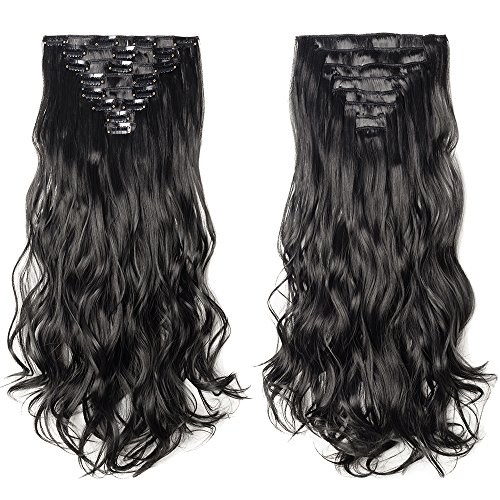 2018 FASHION 17-24 Inch 8Pcs 18Clips Full Head Clip in Hair Extensions Long Curly Synthetic Hair Extensions Hairpieces for Women 2-5 Days Delivery (Dark Black)