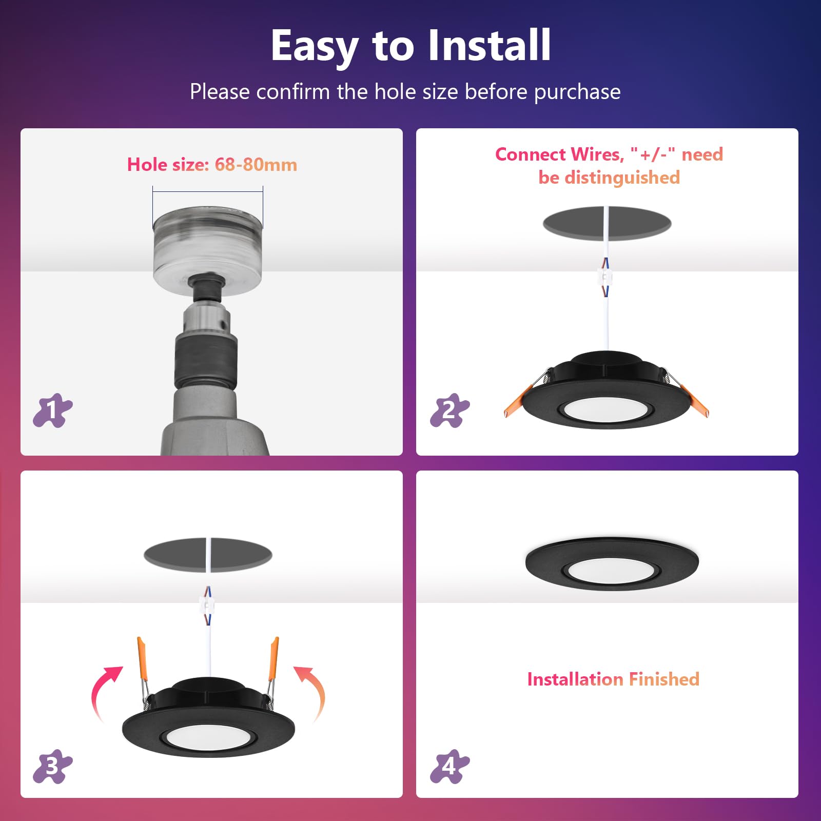 GeyouLux LED Einbaustrahler RGB Smart Spots 230V 2700K-6500K Dimmbar 5W IP44 68-80mm 45° Schwenkbar Deckenspot Schwarz 6 Stück