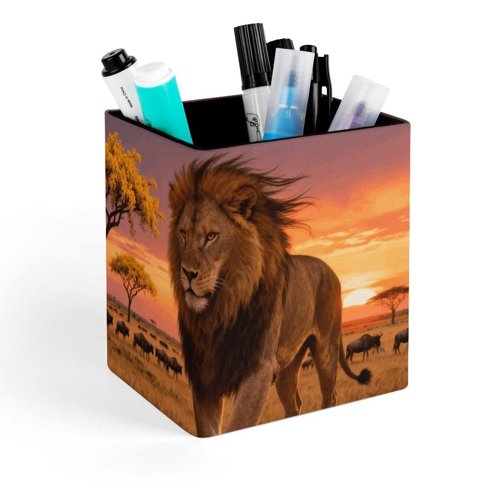 DWVTSLH Aesthetic Pen Holder for Desk - Modern Leather Pencil Holder - Stylish Square Makeup Brush Holder - Prairie Lion Pen Cup Cute And Functional Desk Organizer for Office Supplies