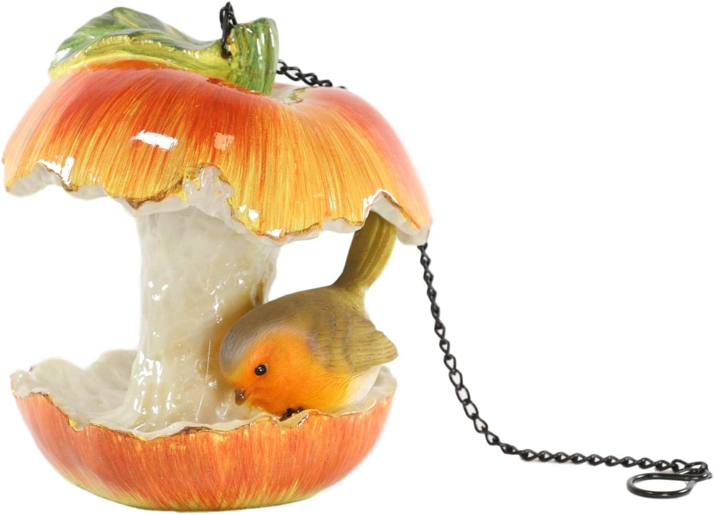 Ebros Sweet Red Apple Fruit with Perching Finch Bird Feeder Platform Hanger with Dropdown Chains Cottage Cabin Lodge Fruity Theme Decorative Tree Hanging Patio Balcony Outdoors Accent Figurine