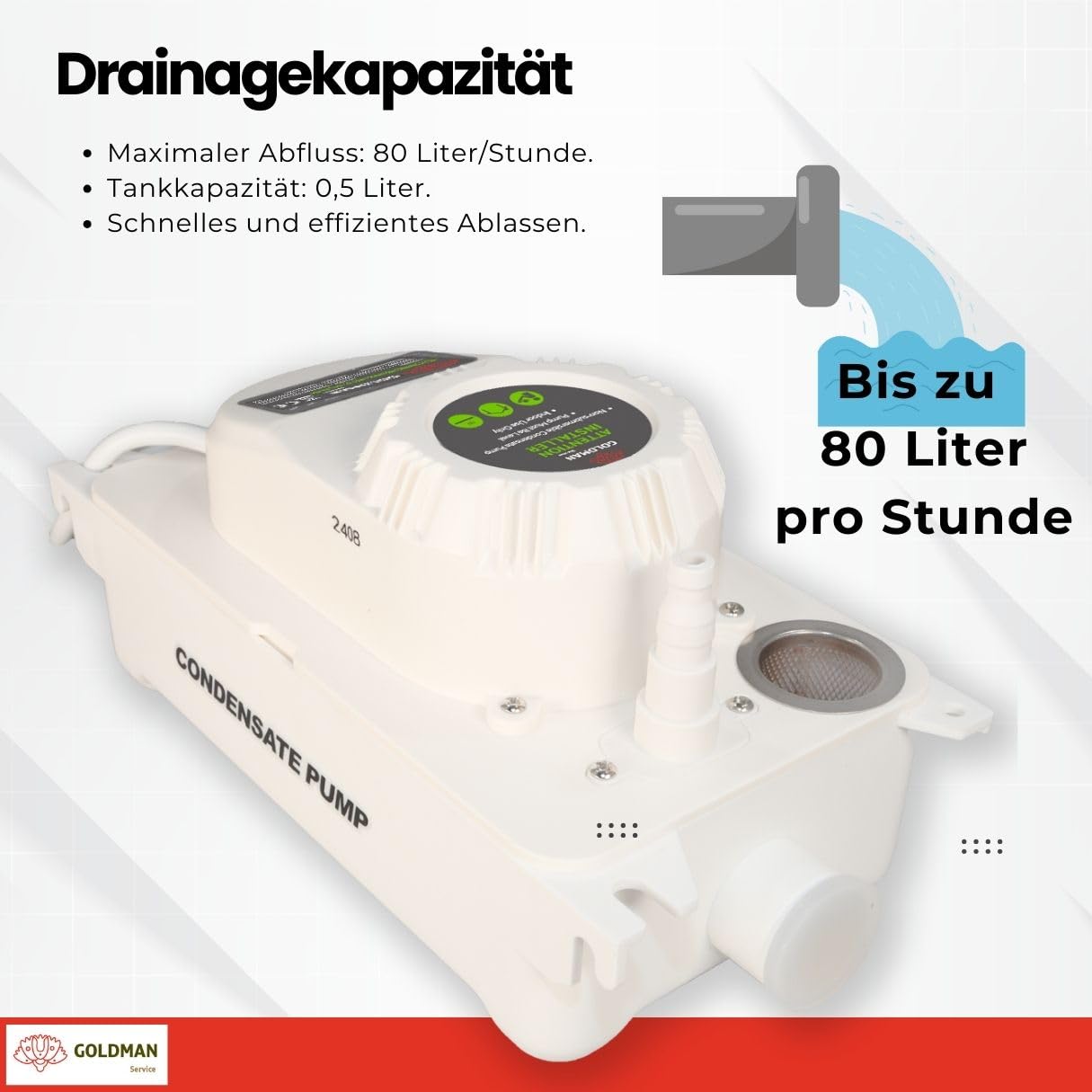 GOLDMAN SERVICE Automatische Kondensatpumpe für Klimaanlage, leise, Wasserablauf und Abfluss, Durchfluss 80 Liter/Stunde
