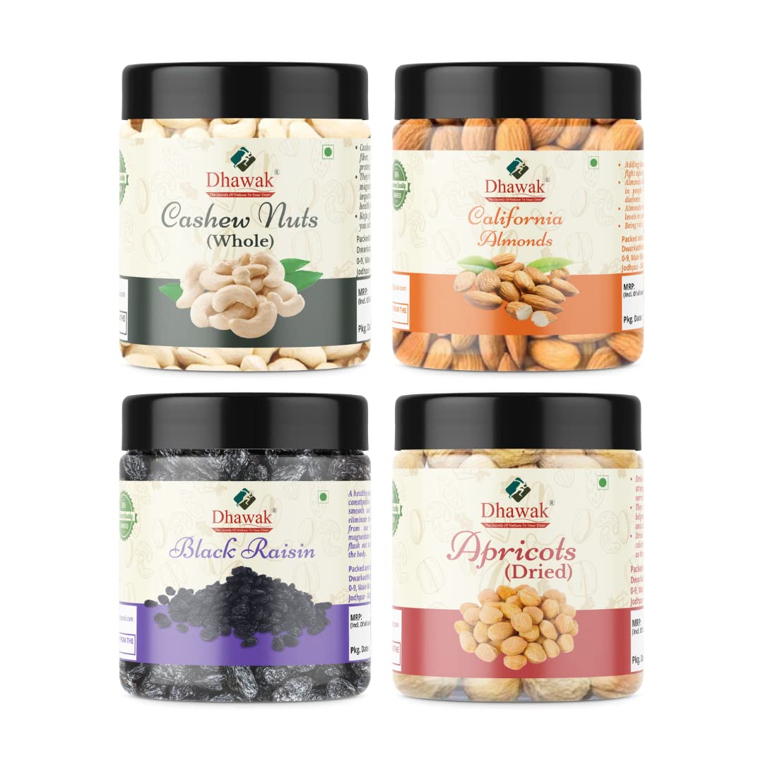 Dhawak Dry Fruits Combo Pack - (200g * 4) Total 800 gms (California Almonds 200g, Cashews 200g,Black Raisins 200g, Dried Apricot 200g,) - All Premium (B09MVZTJXH) Amazon Price History, Amazon Price Tracker