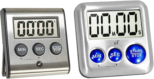 eTradewinds Elegantes temporizadores digitales de cocina, paquete de 2 unidades con modelos de acero inoxidable eT-23 y modelo eT-24, memoria