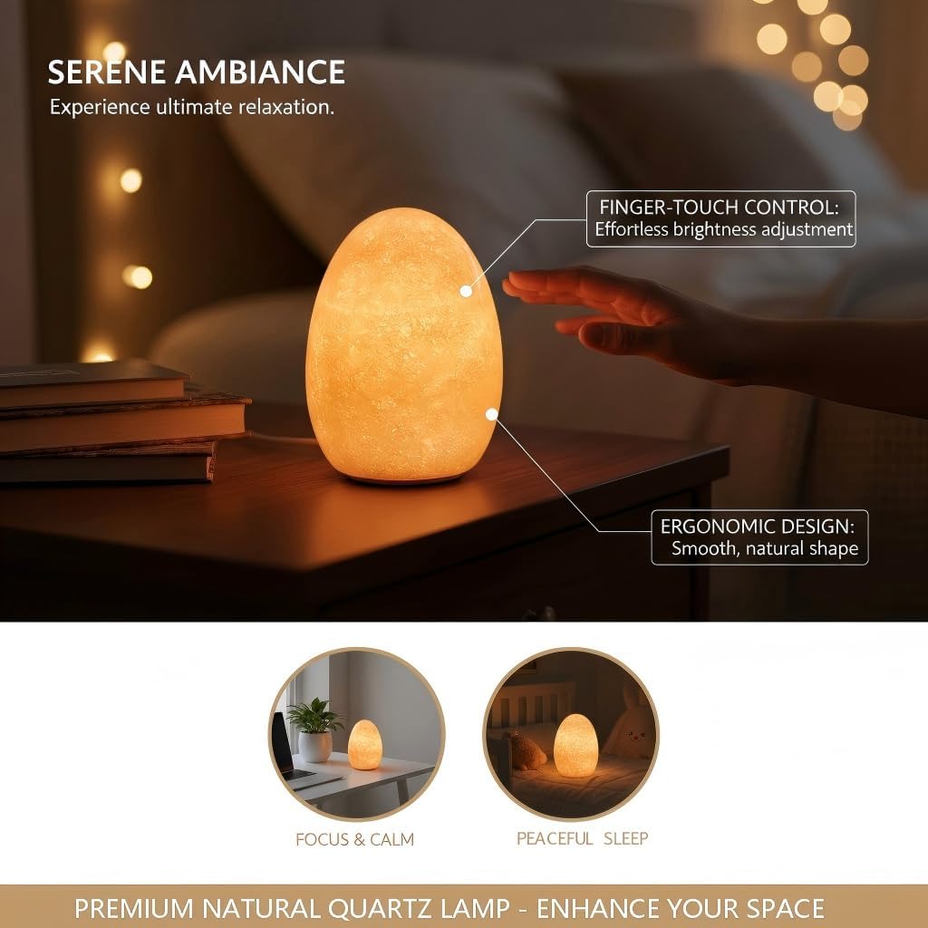 Lierlava100% Natural Quartz Stone Lamp, 2.4lbs Heavy Cordless Table Lamp, 8mm Translucent Zen Ambient Light, 3-Way Dimmable Touch Battery Operated Nightstand Decor