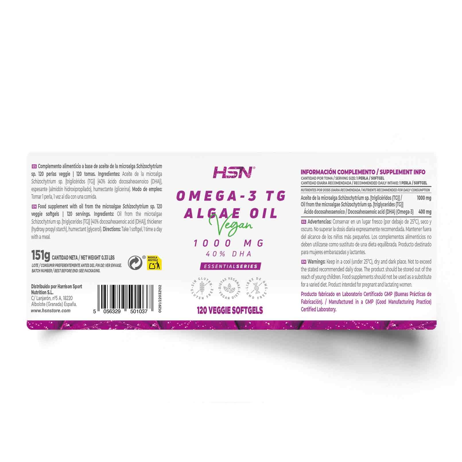 HSN Omega 3 Vegano (400mg DHA) | 120 Perlas Vegetales | 1000mg Aceite de Algas (Schizochytrium sp.) en forma de Triglicéridos Naturales [TG] de Alta Biodisponibilidad | No-GMO, Sin Gluten