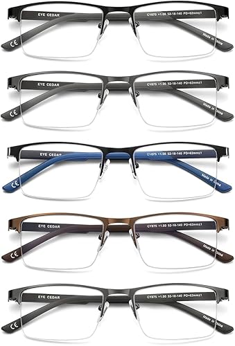 Lentes de lectura con la mitad del marco de metal Eyecedar para hombres paquete de 5-unidades material de acero inoxidable con bisagras con muelle Lentes de lectura con la mitad del marco de metal Eyecedar para hombres paquete de 5-unidades material de acero inoxidable con bisagras con muelle