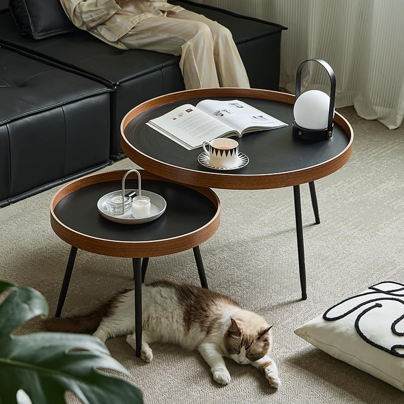 Living Room Coffee Tables Set of 2, Round Nesting Table, Modern Circle Coffee Table, Matte Black Finish and Metal Frame, for Housewarming, Office