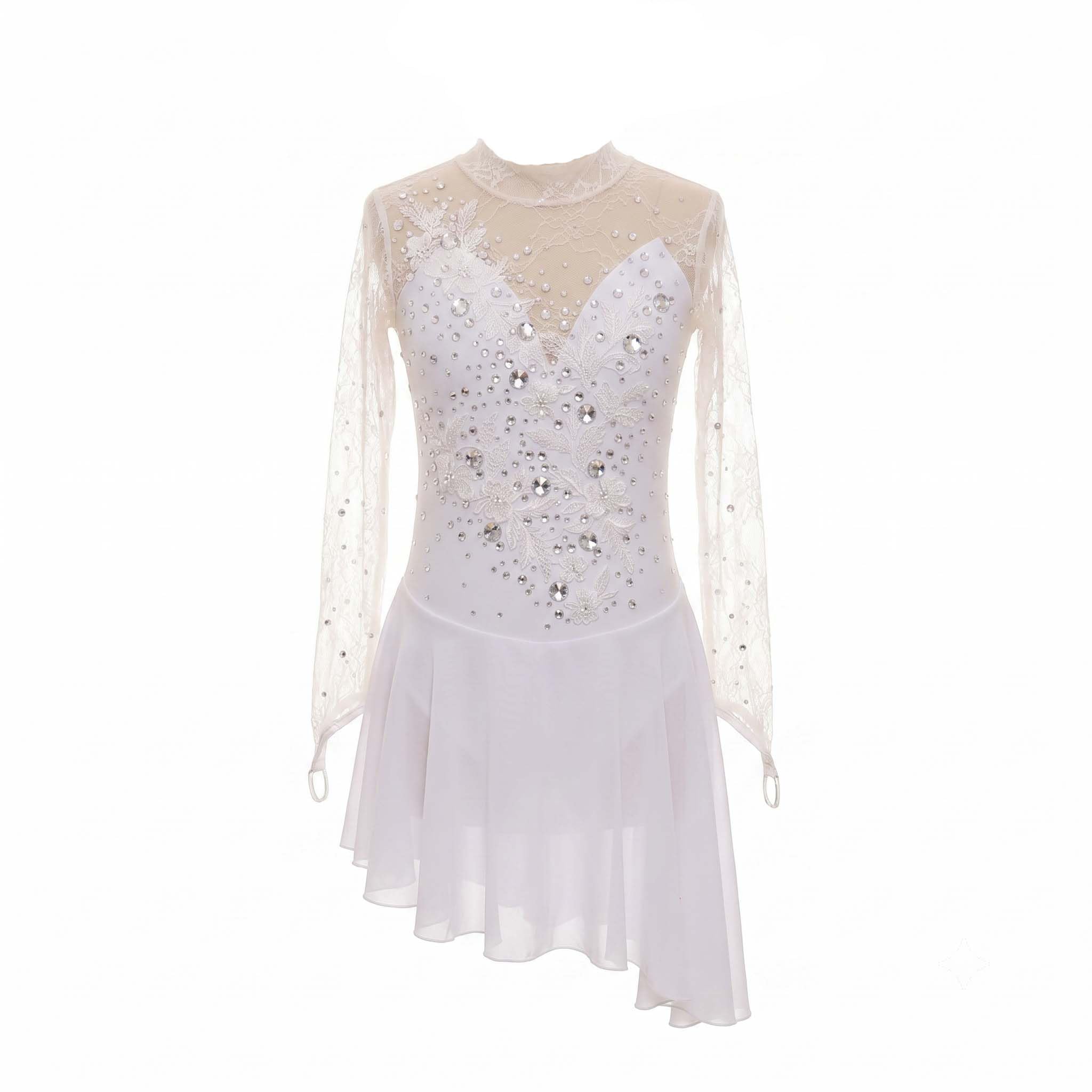 purpleq Vestido de Patinaje Artístico Blanco, Leotardo con Encaje y Pedrería, Traje Elegante Profesional para Competencias de Patinaje sobre Hielo, Danza y Presentaciones