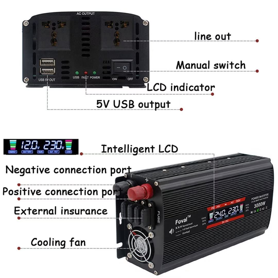 Convertisseur de Puissance Écran LCD 3000w Campervan Essentials 12V / 24V à 220V ou Chargeur de Voiture USB 110V convertisseur de Puissance sinusoïdal pour Camion modifié, 24V - 220V