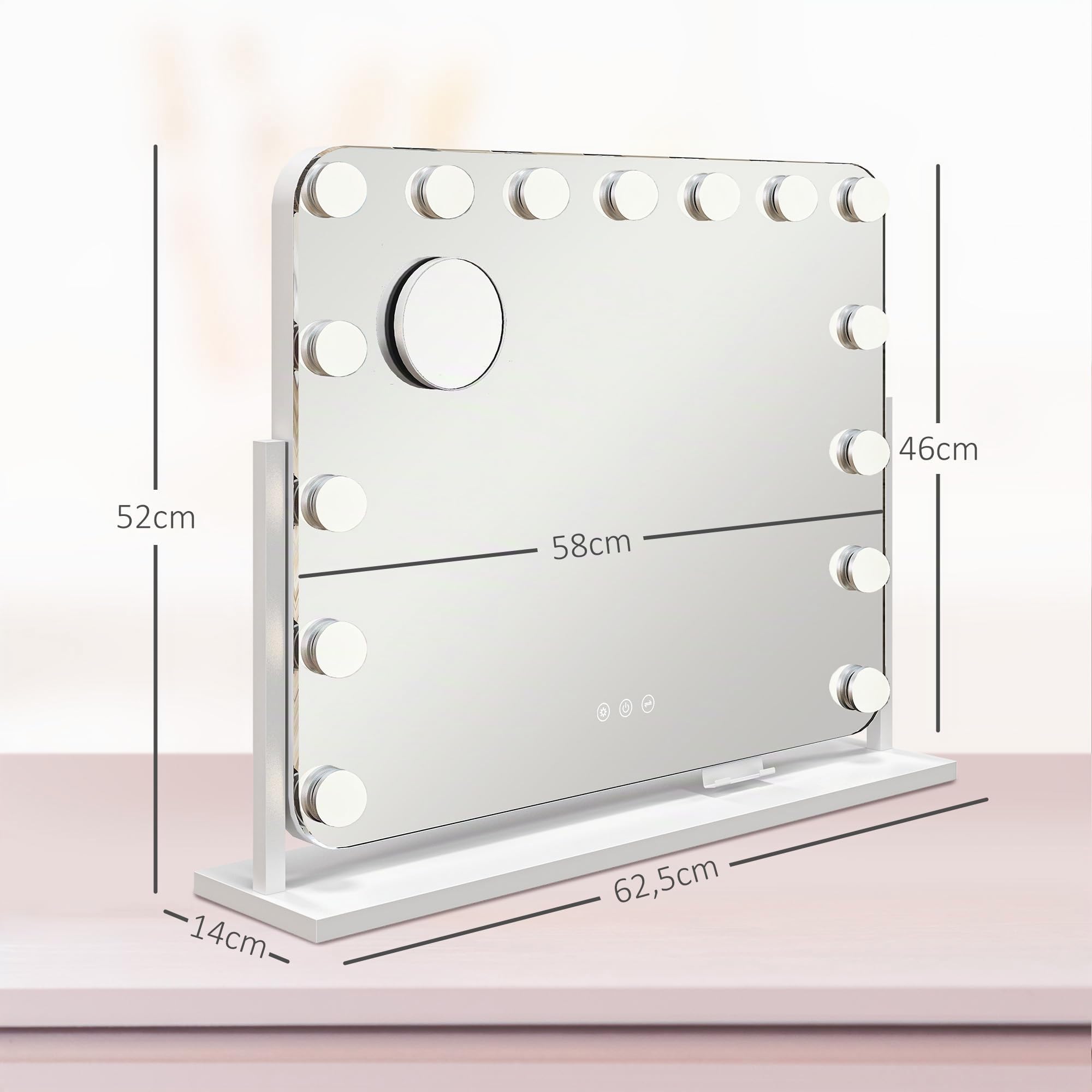 HOMCOM Hollywood Spiegel mit Beleuchtung 62,5x52 cm Schminkspiegel Weiß | 360°Drehbar, 15 LED, 3 Lichtfarben, USB-Ladeanschluss, Handyhalterung, Touchschalter, Kosmetikspiegel, 10X Vergrößerung