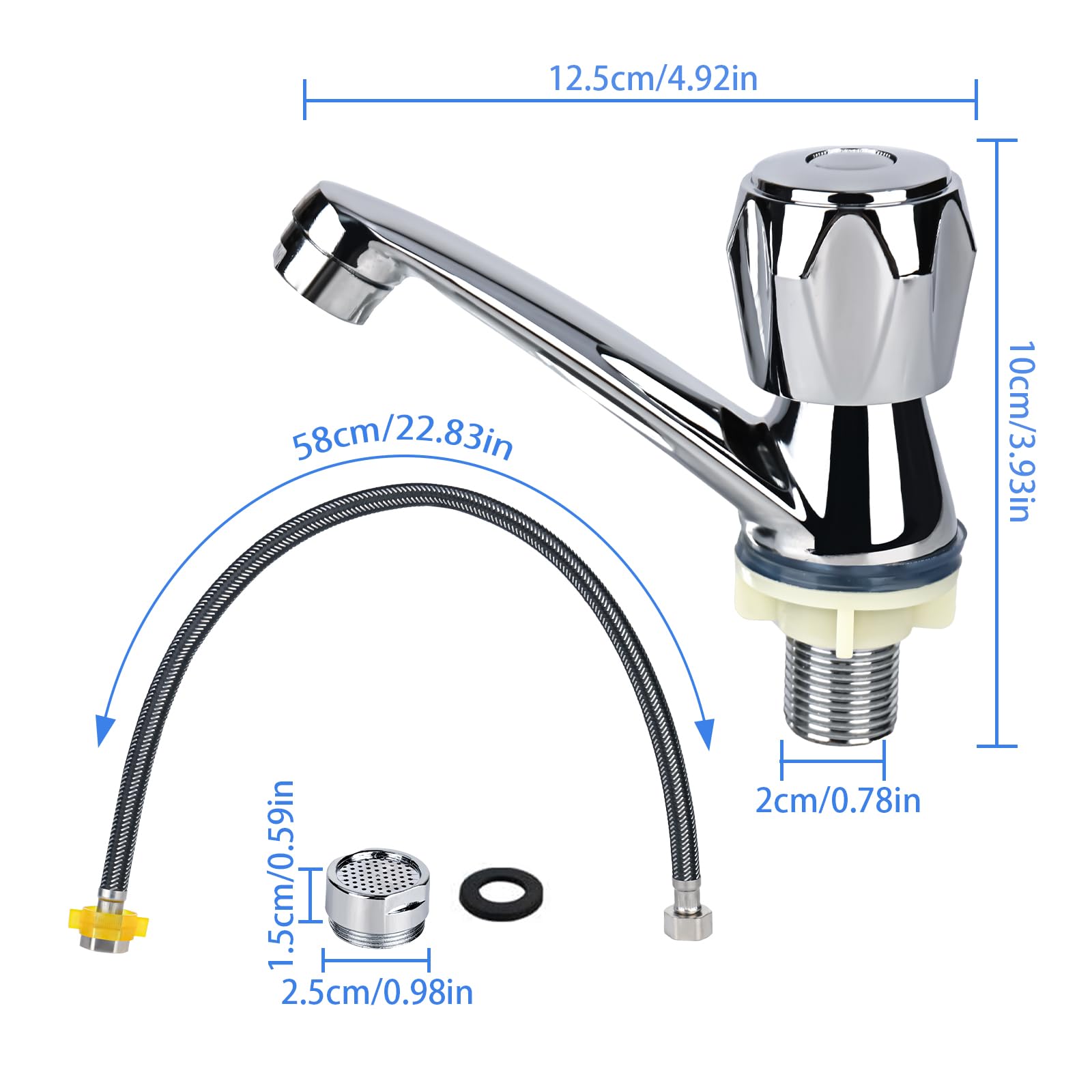 Grifo de baño simple de agua fría para lavabo, moderno grifo de lavabo cromado, grifo de baño de agua fría, grifo con manguera de conexión de 60 cm, grifo para lavabo y baño