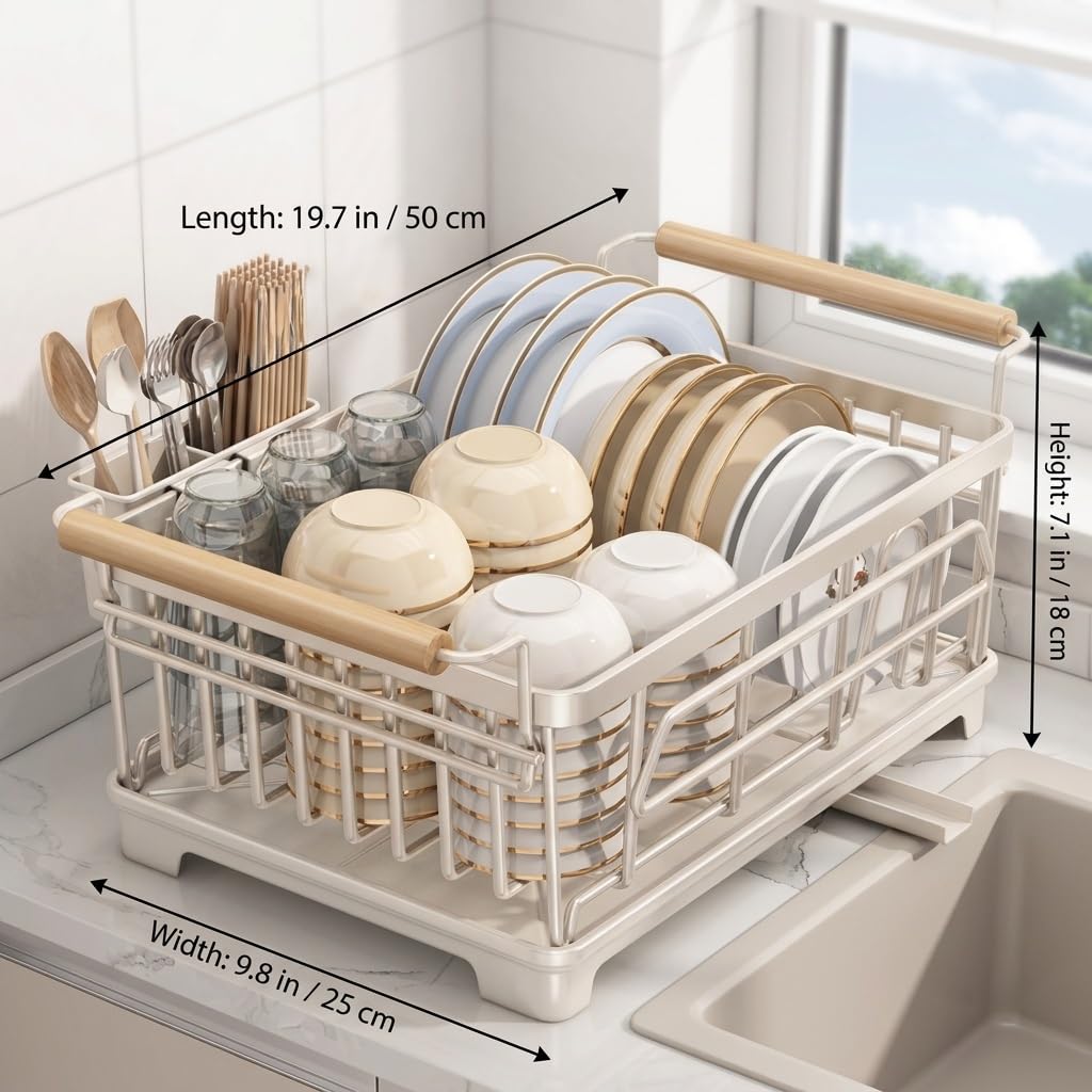 Escurridor de platos de acero inoxidable 304, para encimera de cocina | Acero inoxidable 304, bandeja de drenaje extraíble, organizador de cubiertos, antideslizante(Wit,50cm/19.6in)