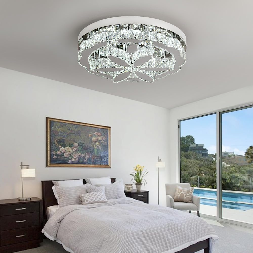 GreeLustr Moderne Kristall Kronleuchter Mit Fernbedienung für Wohnzimmer, Dimmbar Deckenleuchte Kristalle mit Elegantem Design für Schlafzimmer Flur Küche, Silber Deckenlampe Kristall für Decke (50cm)