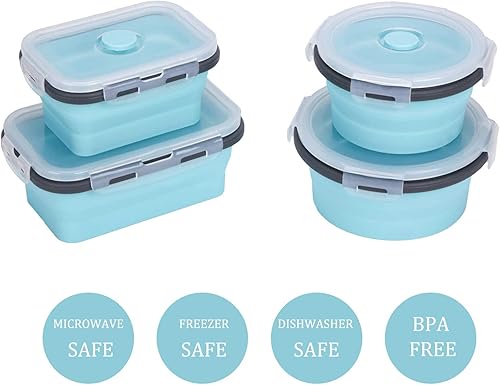 Miniatura 2 de KUON Contenedores plegables de silicona para almacenamiento de alimentos con tapas herméticas, juego de 4 recipientes apilables, aptos para