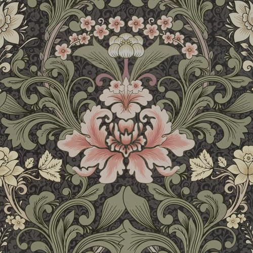 Abyssaly Vintage Floral Peel and Stick Wallpaper, Dark Green Mid