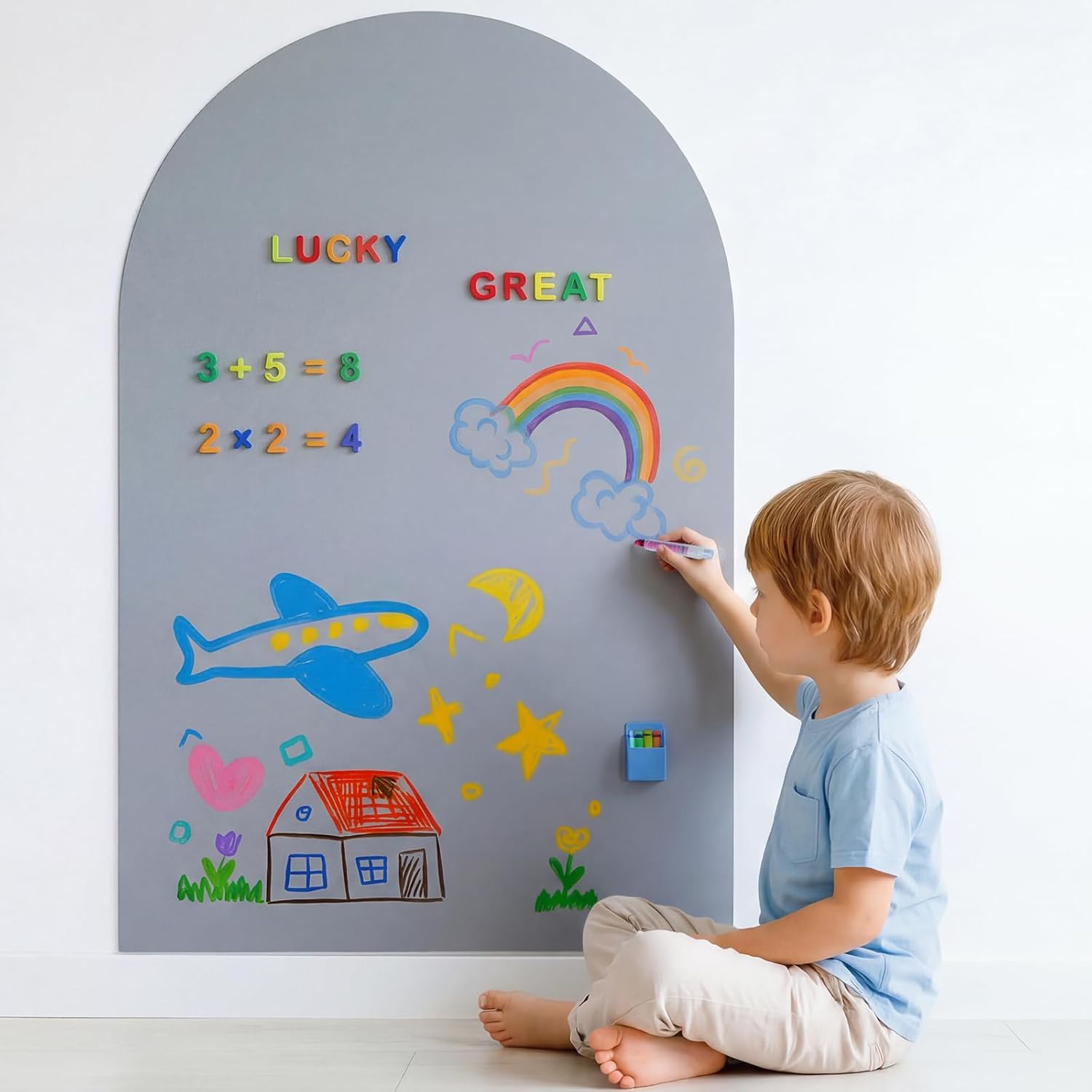 48x32 Magnetic Wall Decal Arch Shape -Black Chalkboard for Kids Playroom & Classroom Heavy Duty Magnetic Base for Building Tiles & Letters | Includes Liquid Chalks & Accessories (Grey)