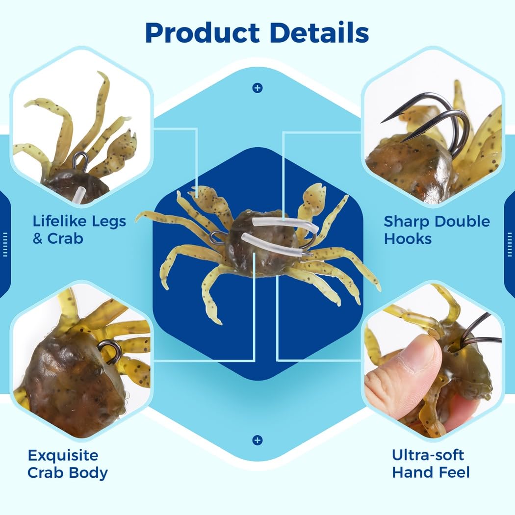 Lot de 10 leurres crabes artificiels, leurres Souples en Simulation 3D avec hameçons Pointus, Accessoire de pêche en mer et en Eau Douce, appât réaliste pour étang et rivière