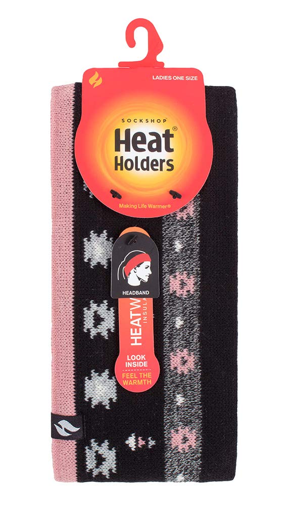 Heat Holders - Ladies Thick Cable Knitted Fleece Lined Thermal Winter Empty Skull Ear Warmer Headband (One Size, Jaquard Black Coral) - Image 2