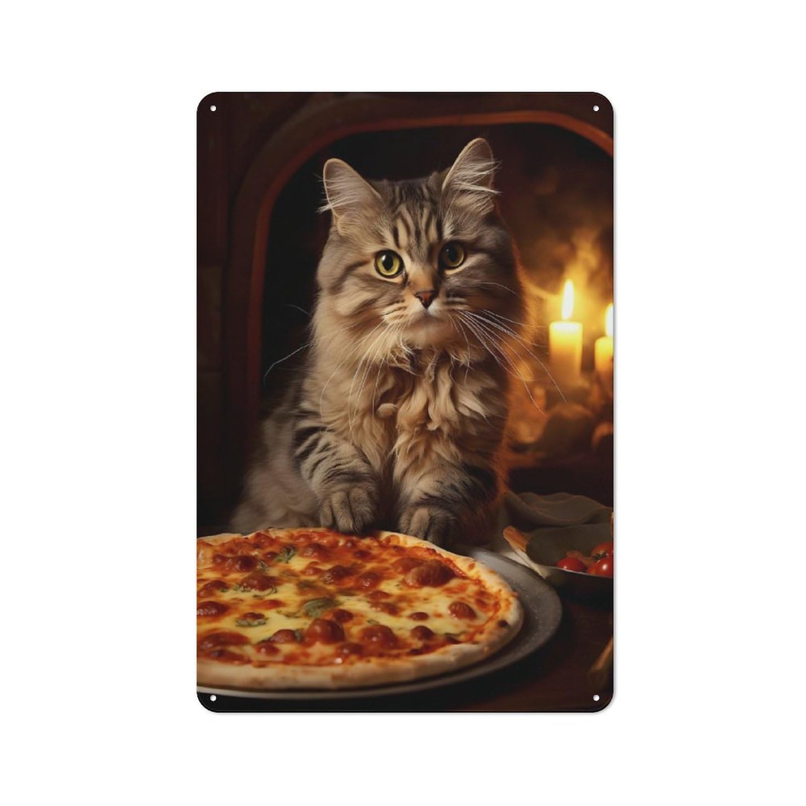 Cat Eating Pizza Vintage Metal Sign 30x20cm, Bistro Style Bistro Wall Plaque for Cafe, Bistro, Bakery Or Restaurant