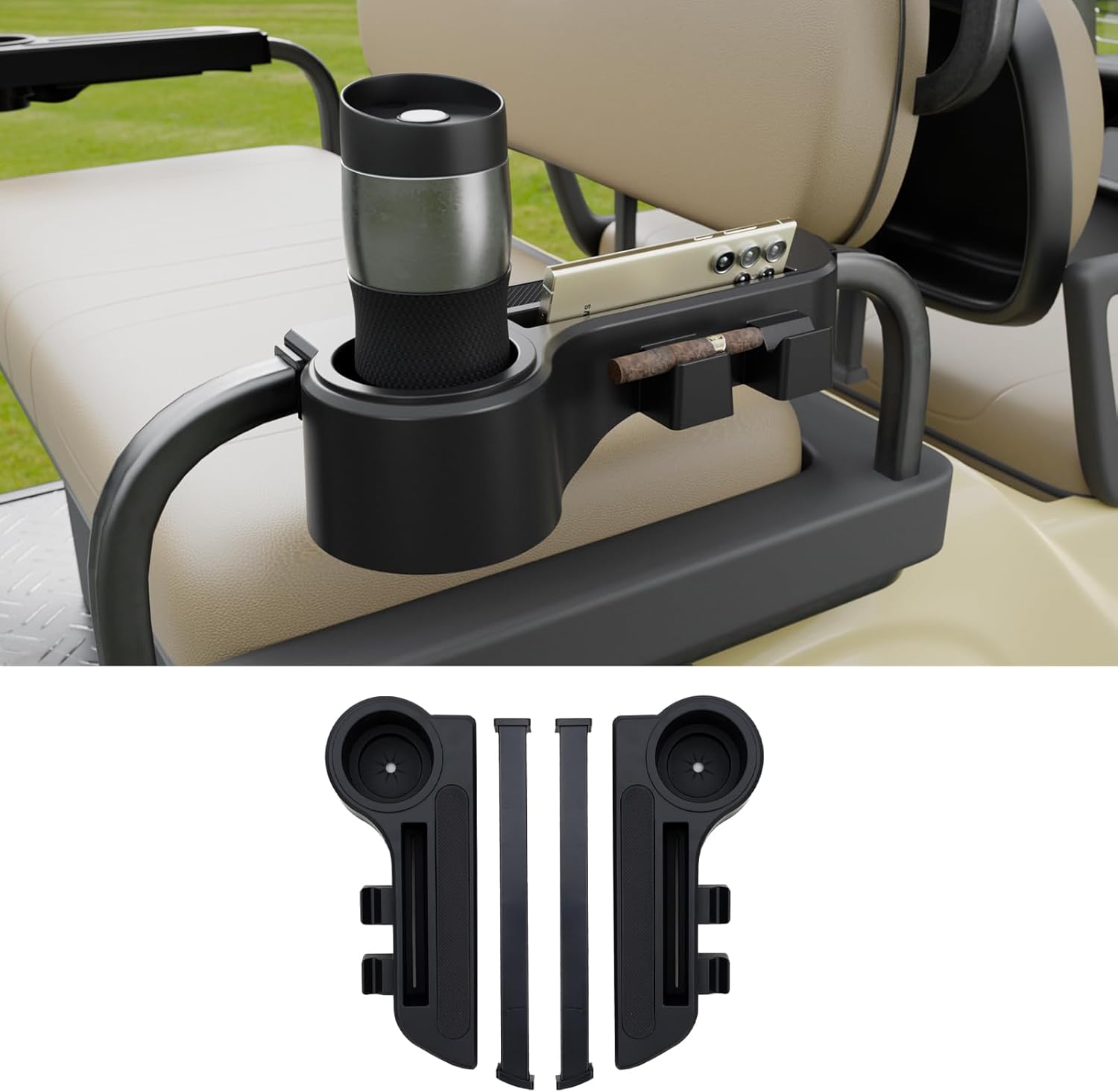 Golf Cart Armrest Equipped with Cigar Rest Cup Holder Phone Holder Universal Fit for EZGO/Club Car/Yamaha and More, Fit 1.0" or 1-1/4" Square Tube Frame (A Tasteful Addition to Your Ride)
