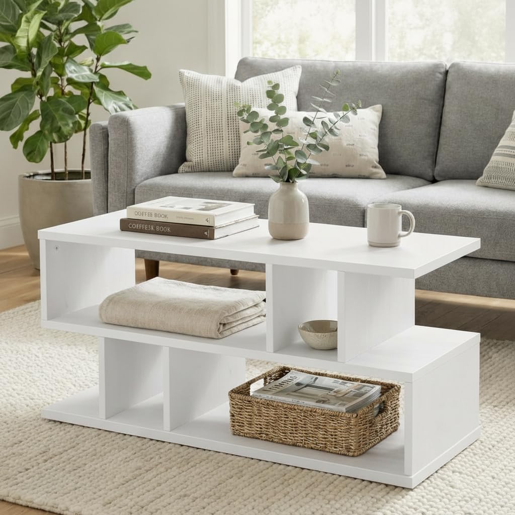 FURLAY Zentro White Coffee Table for Living Room, Modern Engineered Wood Center Table with Multi-Level Open Storage Shelves, 90 x 40 x 40 cm (FWCT2-White)